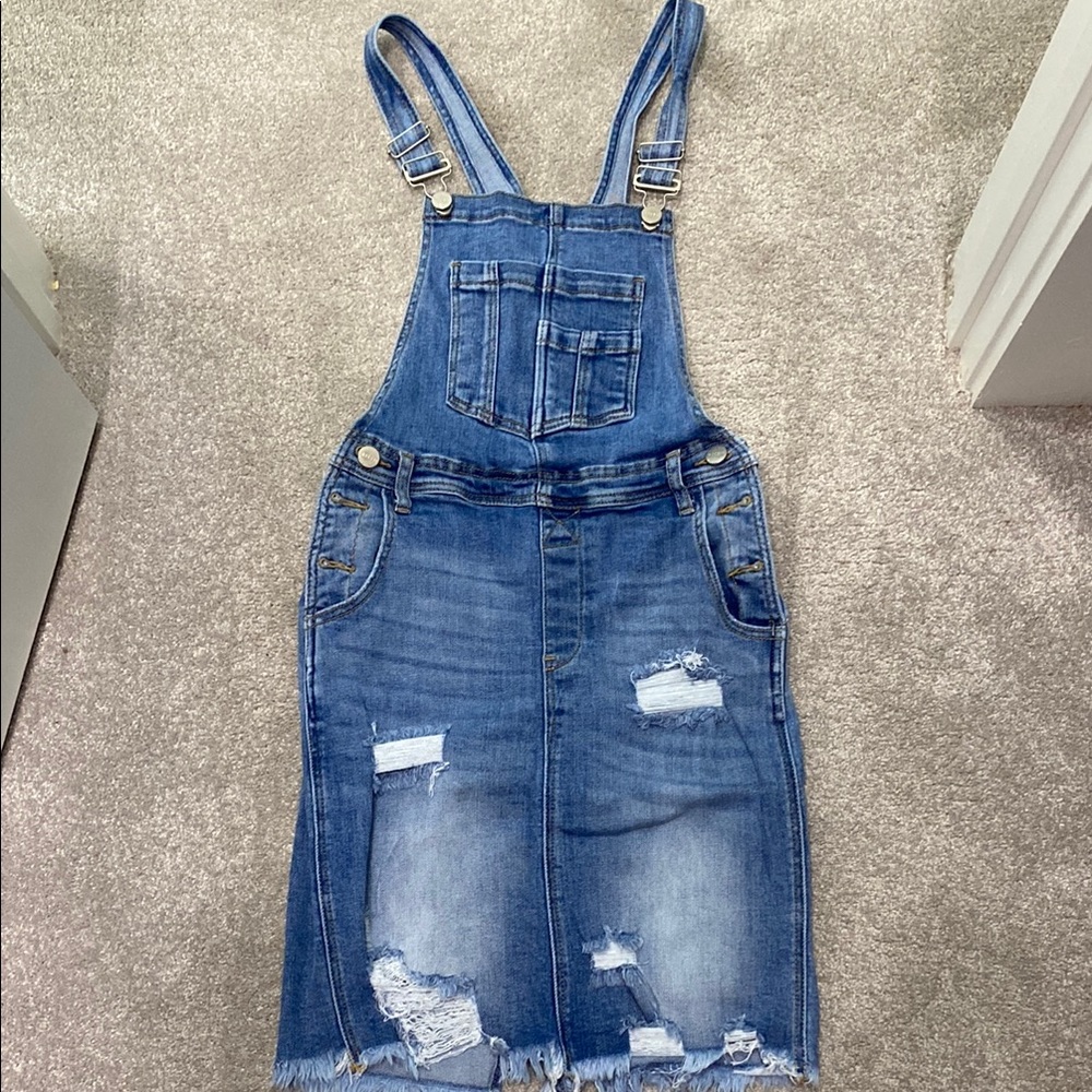 Denim Distressed Overall Dress